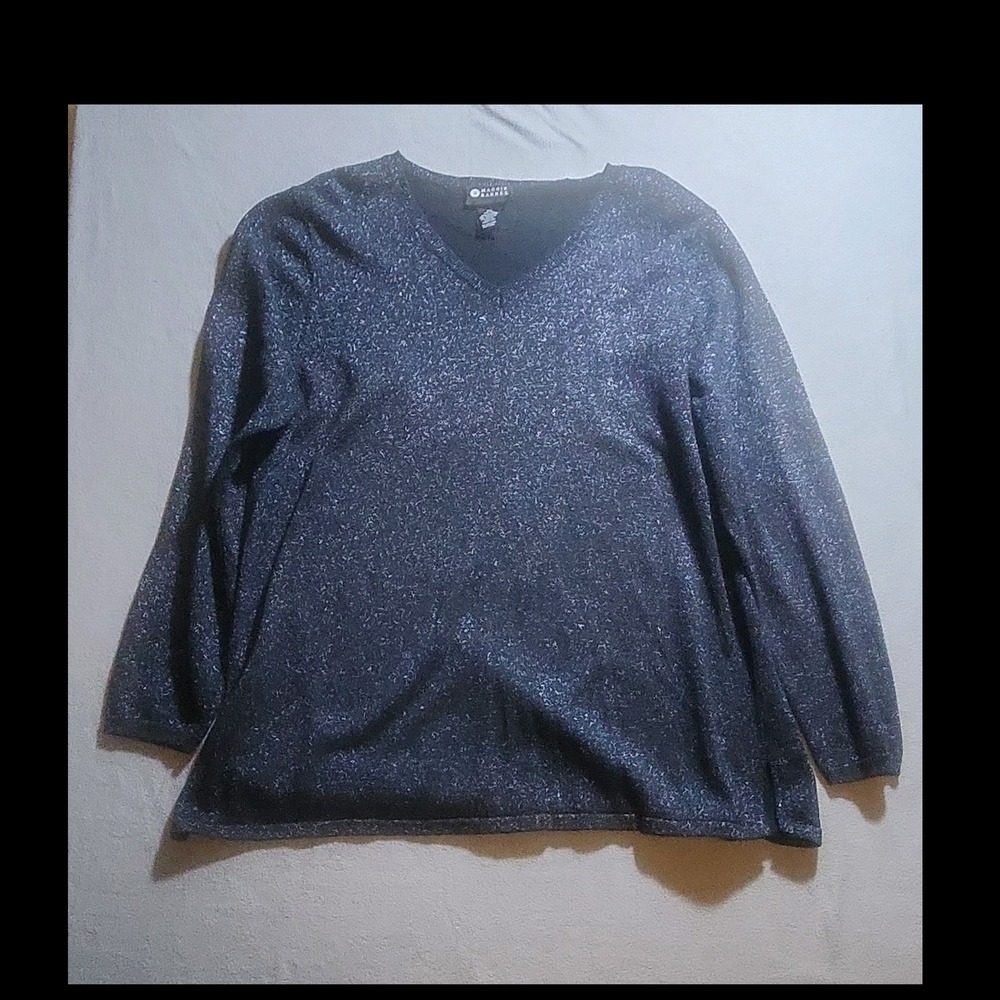 Maggie Barnes Black Silver Glitter Knit V-Neck Blouse 0X Long Sleeve Plus